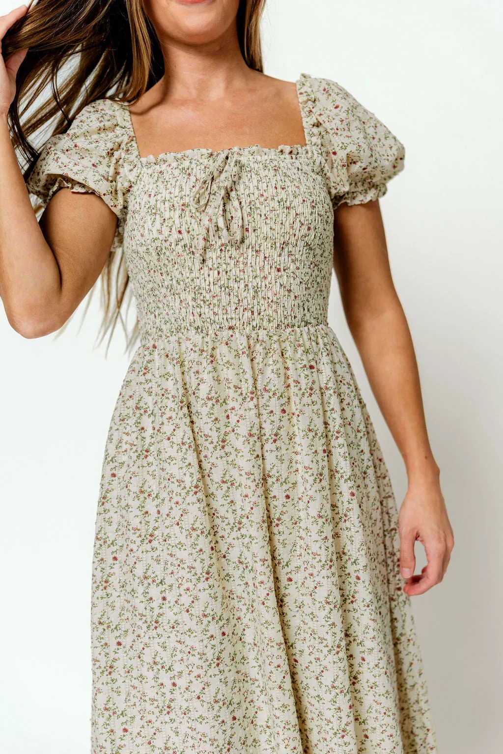 Nya 100% Cotton Smocked Midi Dress in Beige/Red Floral sold by Worth Collective product image thumbnail 5