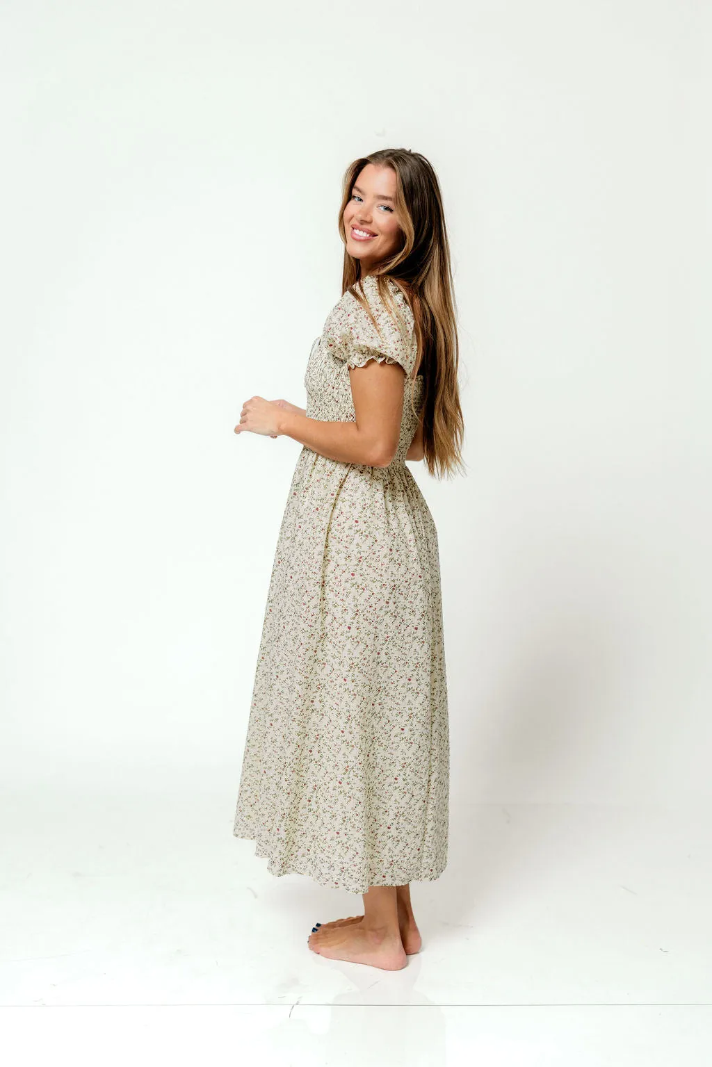 Nya 100% Cotton Smocked Midi Dress in Beige/Red Floral sold by Worth Collective product image thumbnail 3