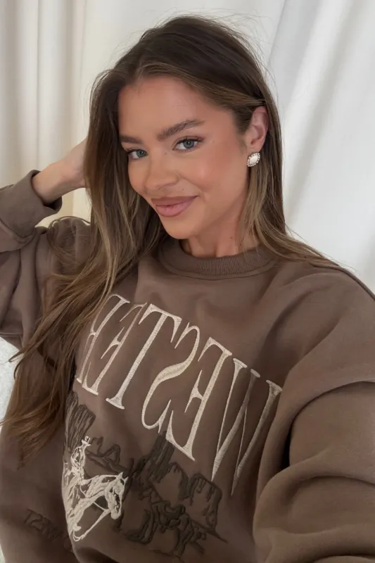 Walker Embroidered Crew Neck Sweatshirt in Mocha sold by Worth Collective