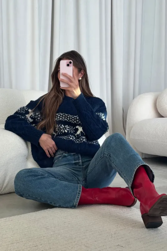 Jovie Nordic Holiday Cable Knit Sweater in Navy/Cream sold by Worth Collective