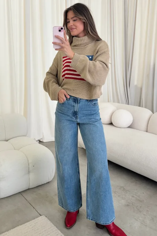 Martha American Flag Turtle Neck Sweater in Straw made by mioumuse