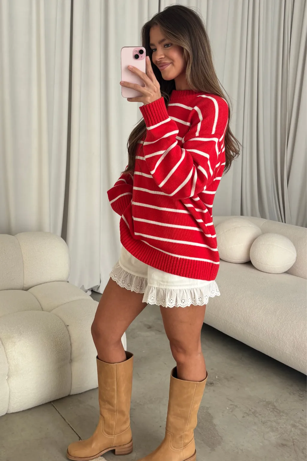 Amelie Oversized Striped Knit Sweater in Chili/White sold by Worth Collective product image thumbnail 4