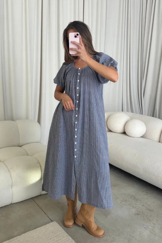 Damaris 100% Cotton Puffed Sleeve Gingham Maxi Dress in Blue sold by Worth Collective