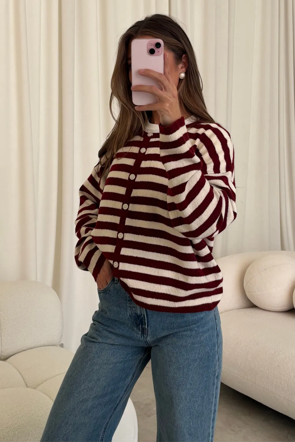 Rizzo Striped Cardigan Top in Crimson sold by Worth Collective