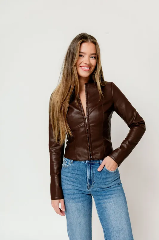 Mallory Fitted Faux Leather Top in Brown sold by Worth Collective