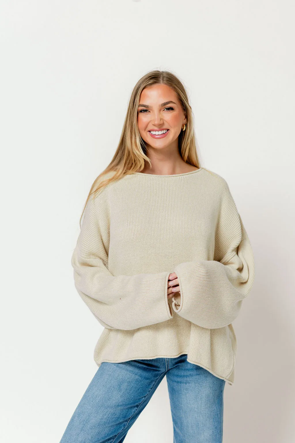 Scarlett Relaxed Boatneck Sweater in Oatmeal sold by Worth Collective