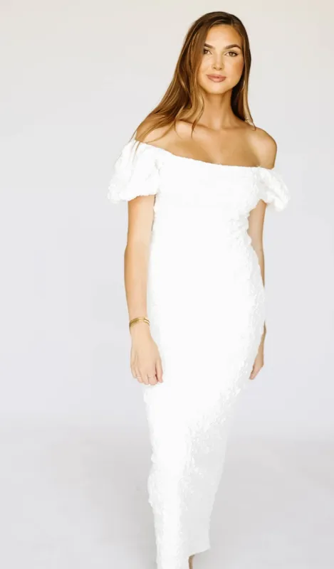 Madden Textured Maxi Dress in White - Bump Friendly sold by Worth Collective