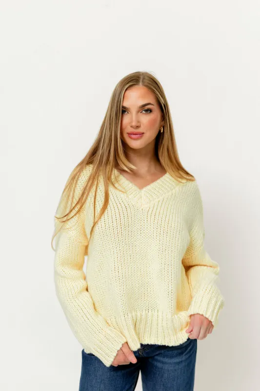 Lindsey Balloon Sleeve V-Neck Sweater in Butter made by Le Lis