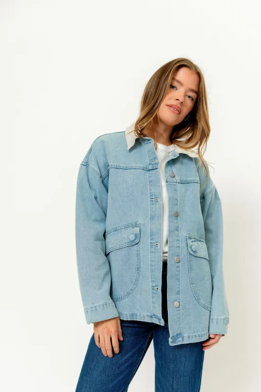 Jones Contrast Collar Light Wash Denim Jacket in Light Denim made by Raisonnel