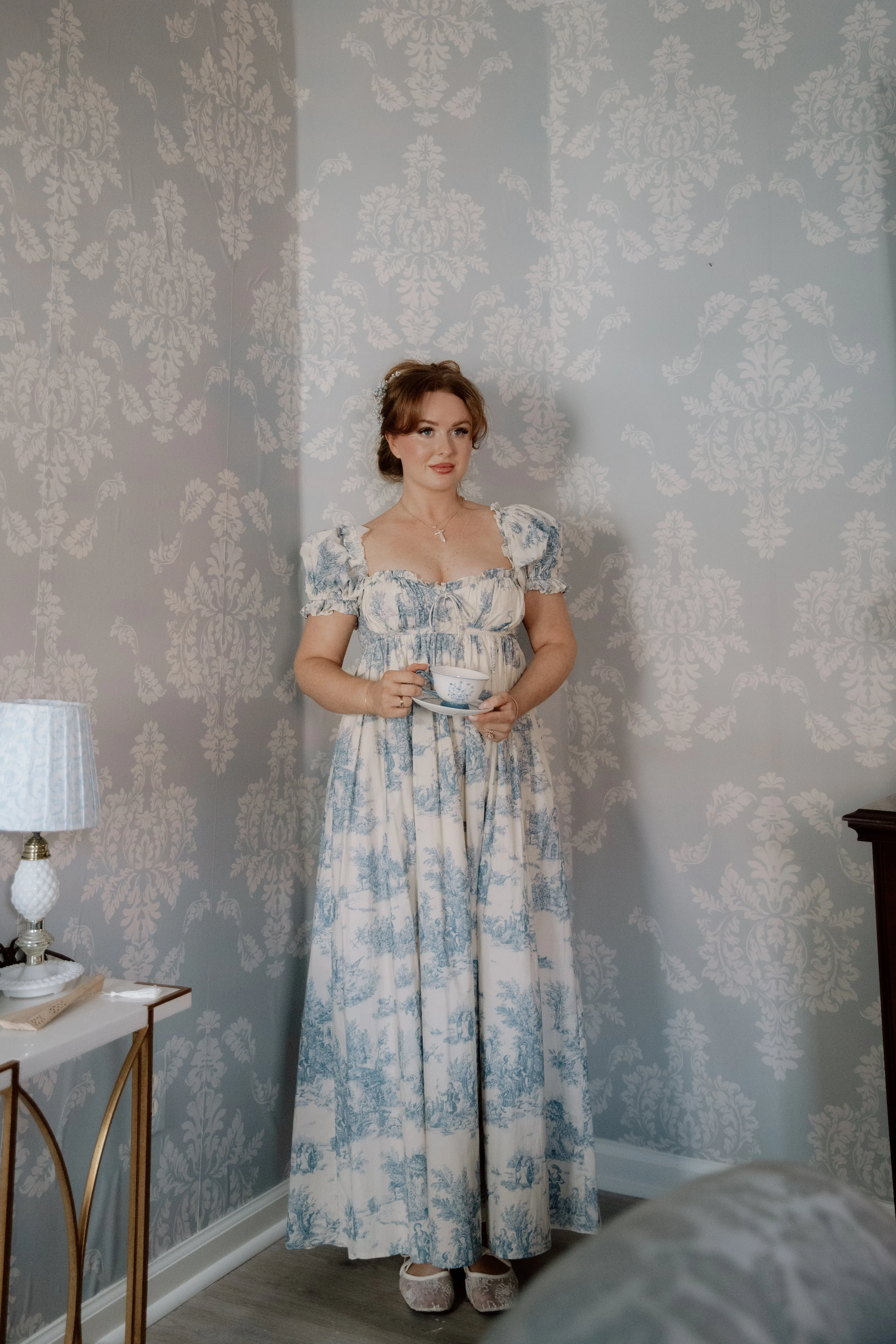 Olivia 100% Cotton Maxi Dress in Blue Toile - Bump Friendly sold by Worth Collective