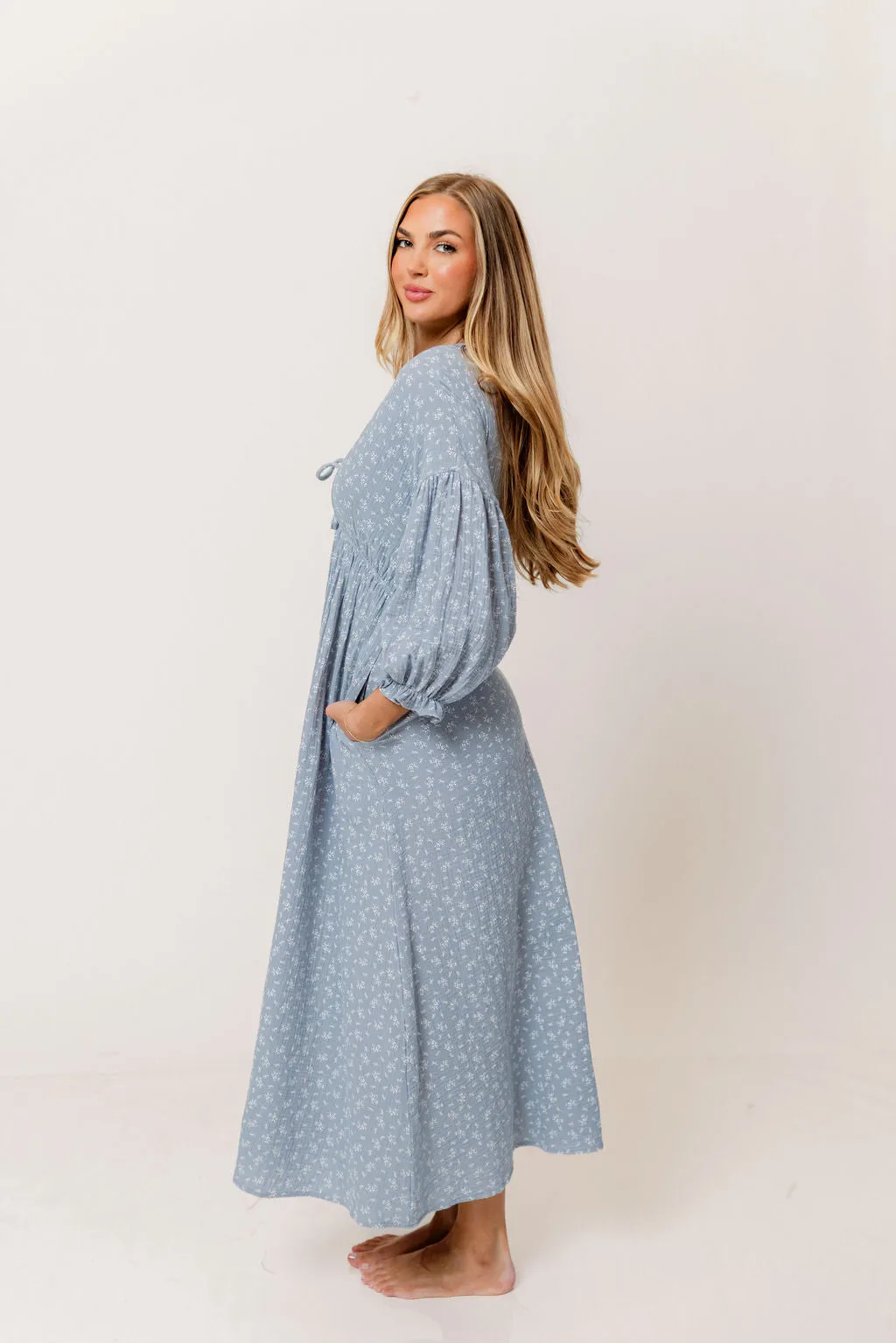 Hunter 100% Cotton Midi Dress in Light Indigo Foliage - Bump Friendly sold by Worth Collective product image thumbnail 4