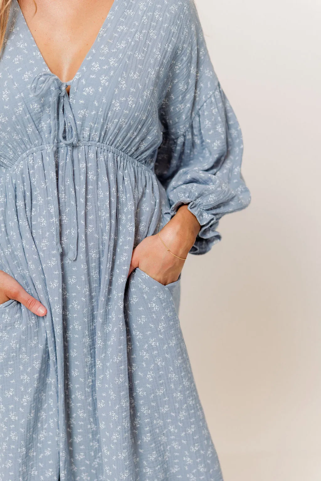 Hunter 100% Cotton Midi Dress in Light Indigo Foliage - Bump Friendly sold by Worth Collective