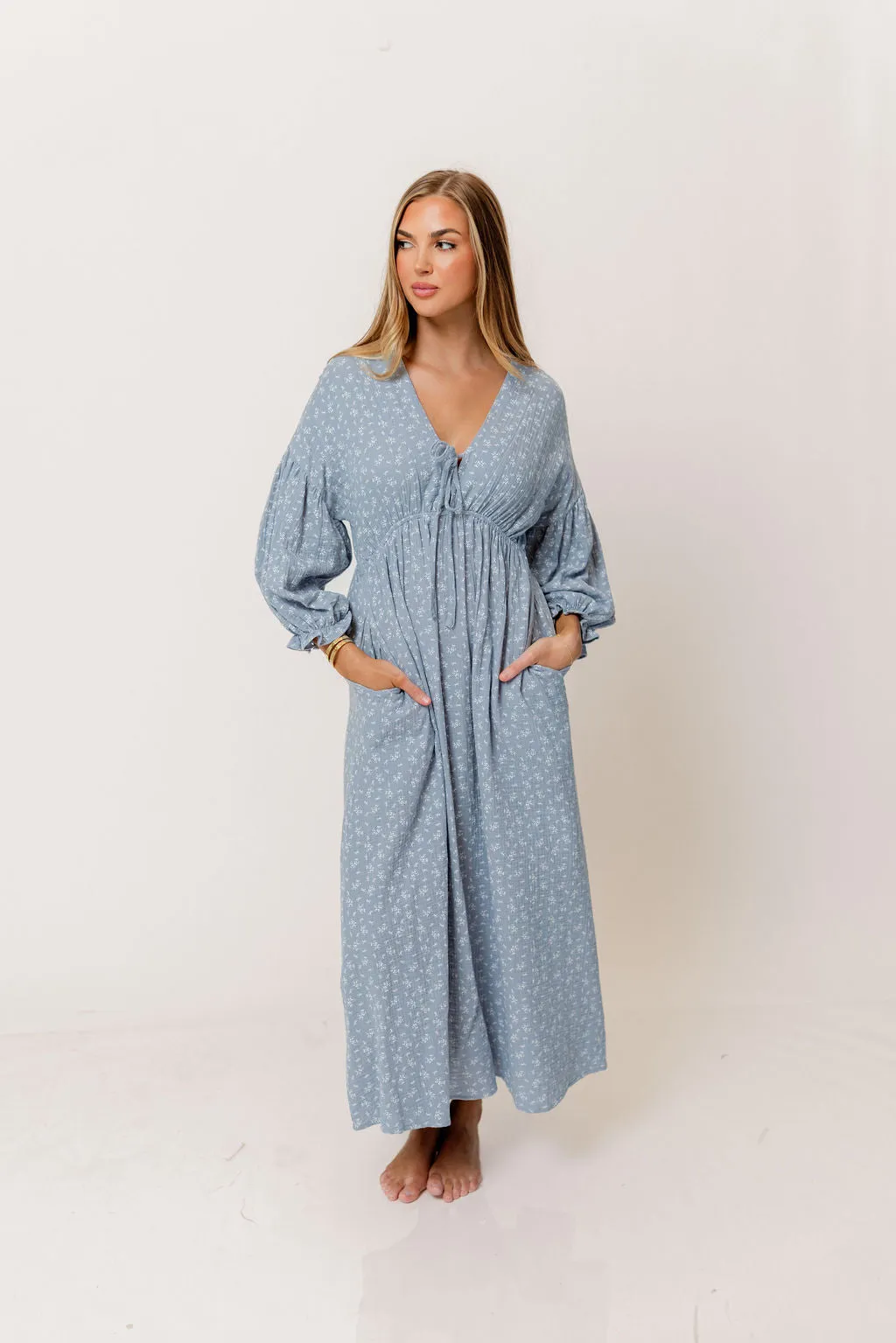 Hunter 100% Cotton Midi Dress in Light Indigo Foliage - Bump Friendly sold by Worth Collective product image thumbnail 2
