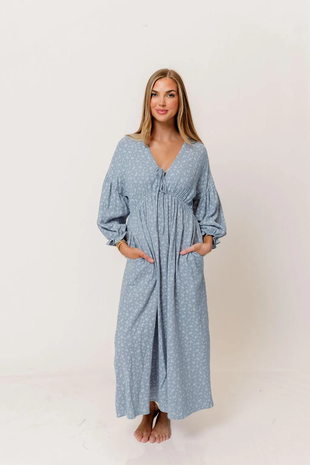 Hunter 100% Cotton Midi Dress in Light Indigo Foliage - Bump Friendly sold by Worth Collective product image thumbnail 3