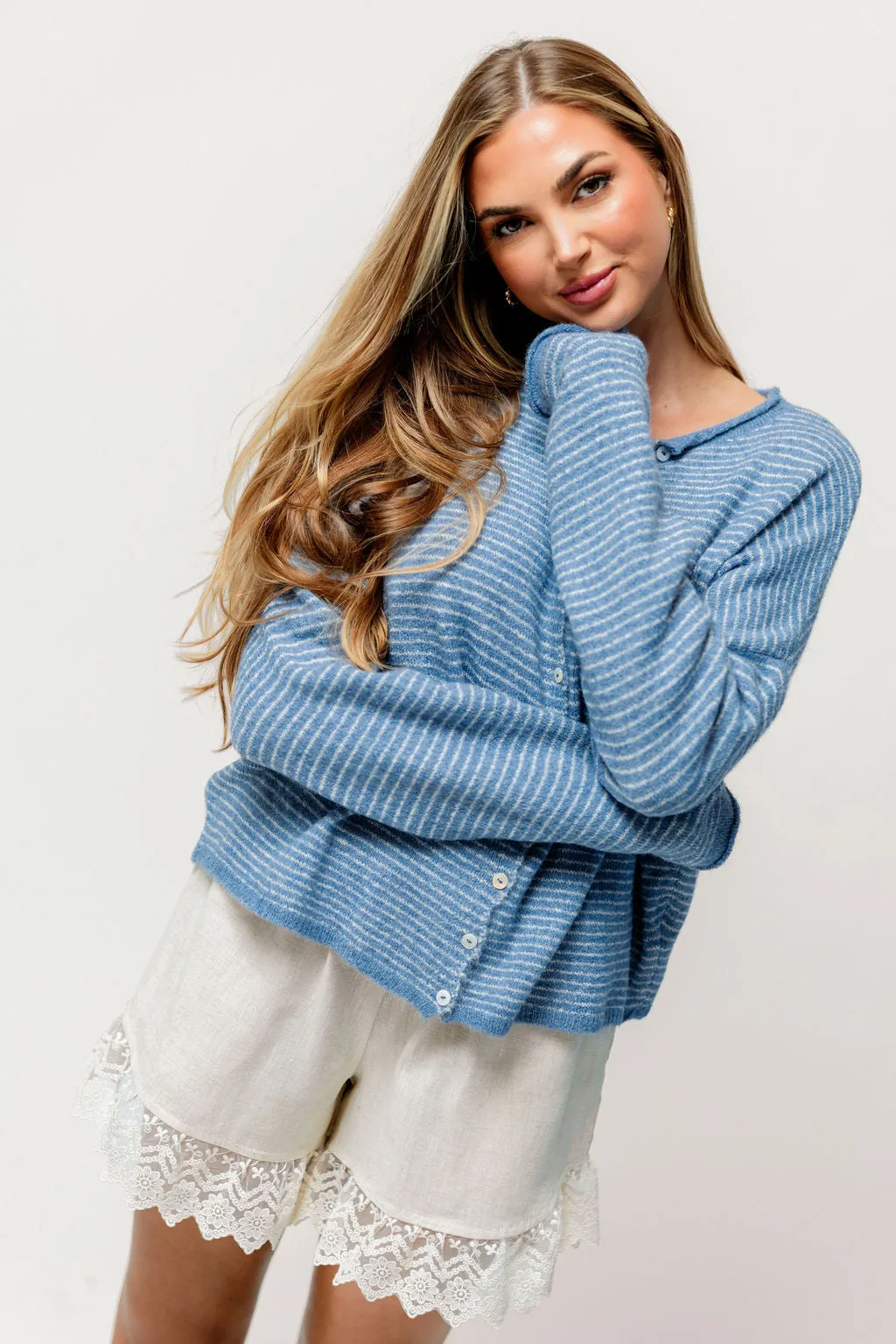 Piper Pin Striped Cardigan in Dusty Blue *Final Sale* sold by Worth Collective