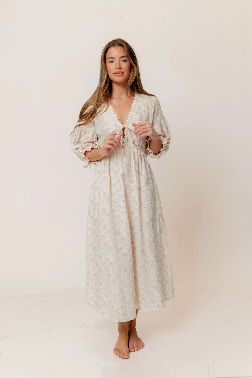 Hunter 100% Cotton Midi Dress with Trimming in Muted Blush Floral - Bump Friendly sold by Worth Collective product image thumbnail 3