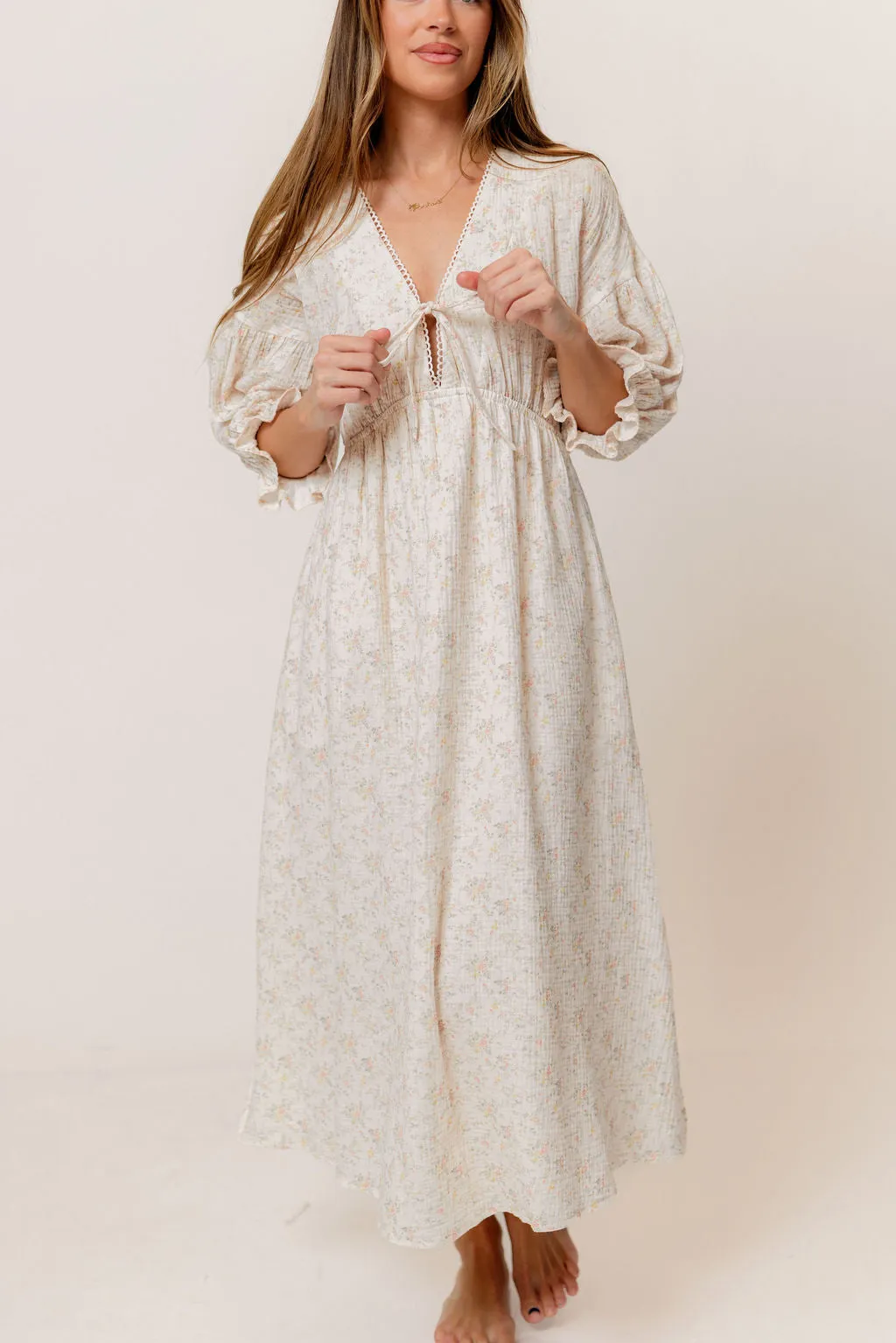 Hunter 100% Cotton Midi Dress with Trimming in Muted Blush Floral - Bump Friendly sold by Worth Collective
