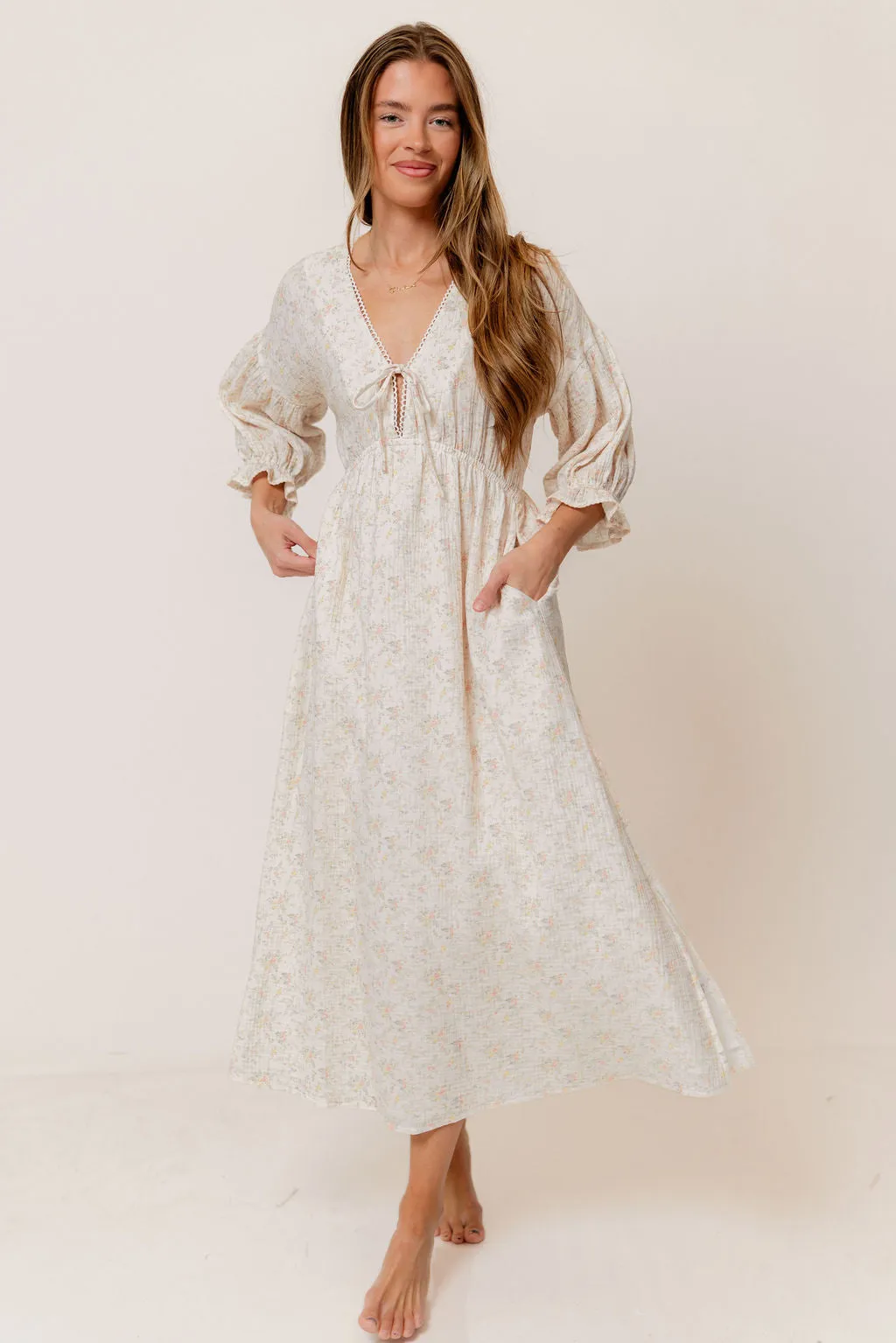 Hunter 100% Cotton Midi Dress with Trimming in Muted Blush Floral - Bump Friendly sold by Worth Collective product image thumbnail 2