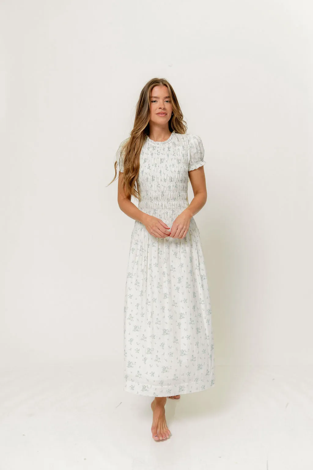 Orchard 100% Cotton Smocked Maxi Dress in Off White/Blue - Bump Friendly sold by Worth Collective product image thumbnail 2