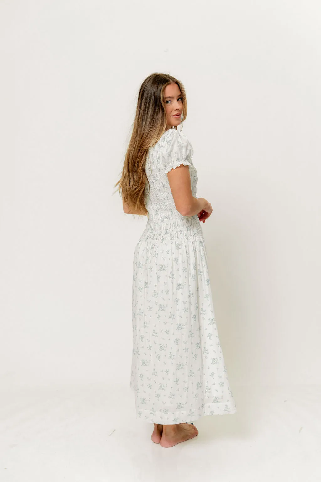 Orchard 100% Cotton Smocked Maxi Dress in Off White/Blue - Bump Friendly sold by Worth Collective product image thumbnail 3