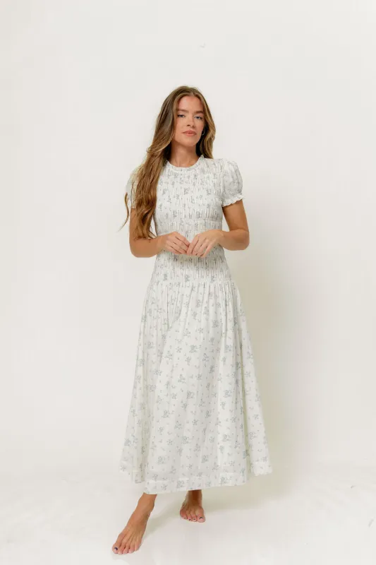 Orchard 100% Cotton Smocked Maxi Dress in Off White/Blue - Bump Friendly made by Worth Collective
