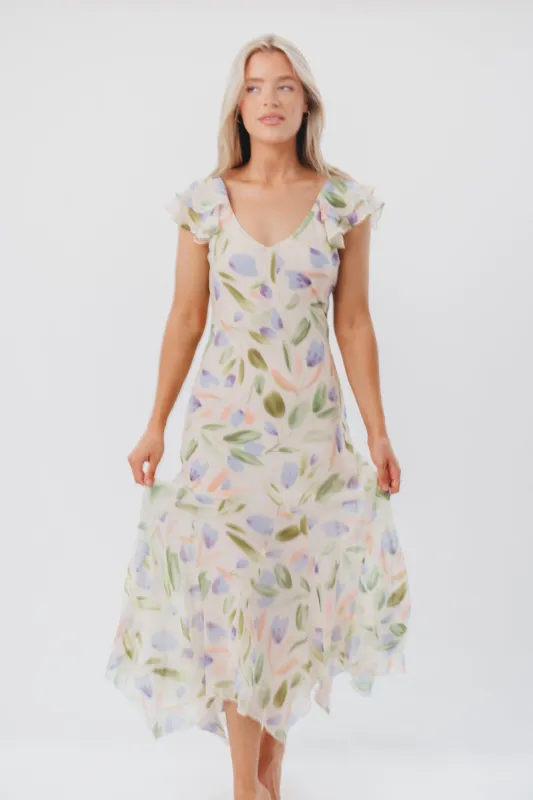 ASTR Wisteria Midi Dress in Blue Multi Floral sold by Worth Collective