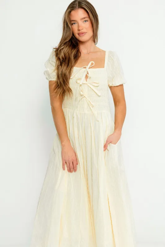 Arabelle Smocked Bow Detail Maxi Dress in Lemon Water made by Inloom