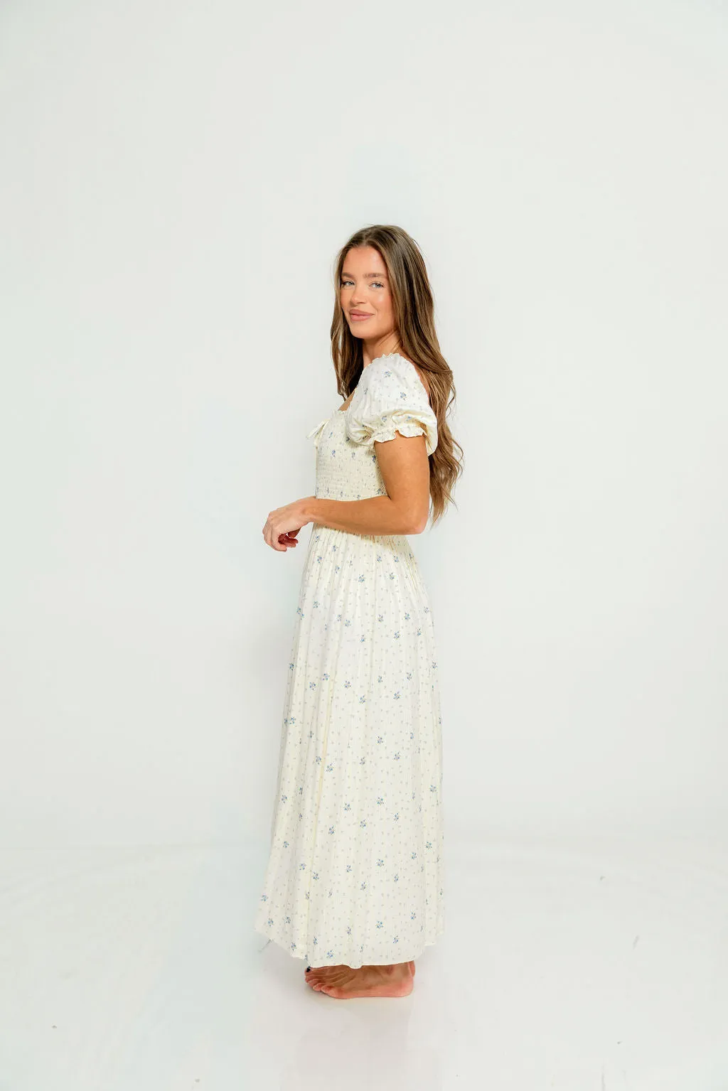 Nya 100% Cotton Smocked Midi Dress in Cream Blue Floral sold by Worth Collective product image thumbnail 3