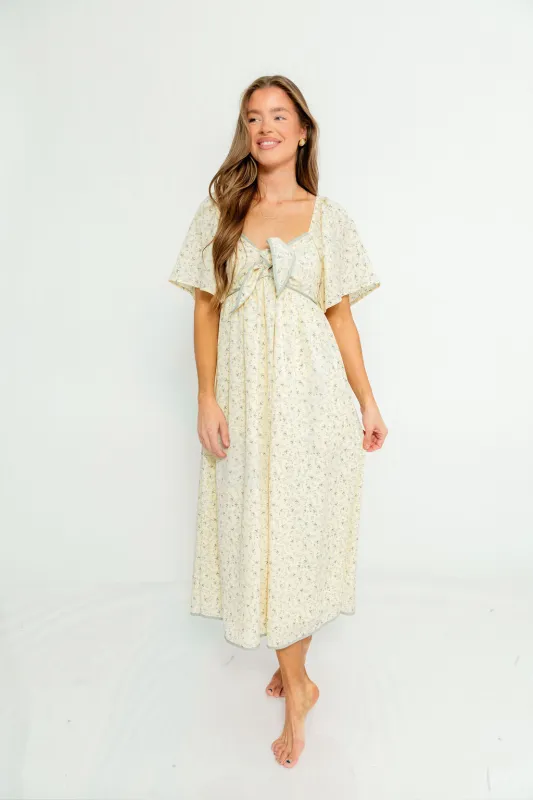 Alexis Floral Midi Dress in Butter Cream - Bump Friendly sold by Worth Collective