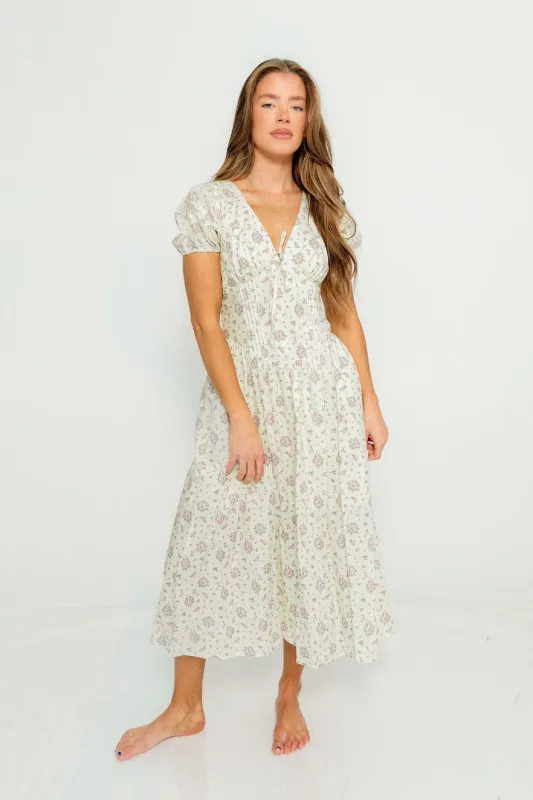 Julie Midi Dress in Ivory/Pink Floral sold by Worth Collective