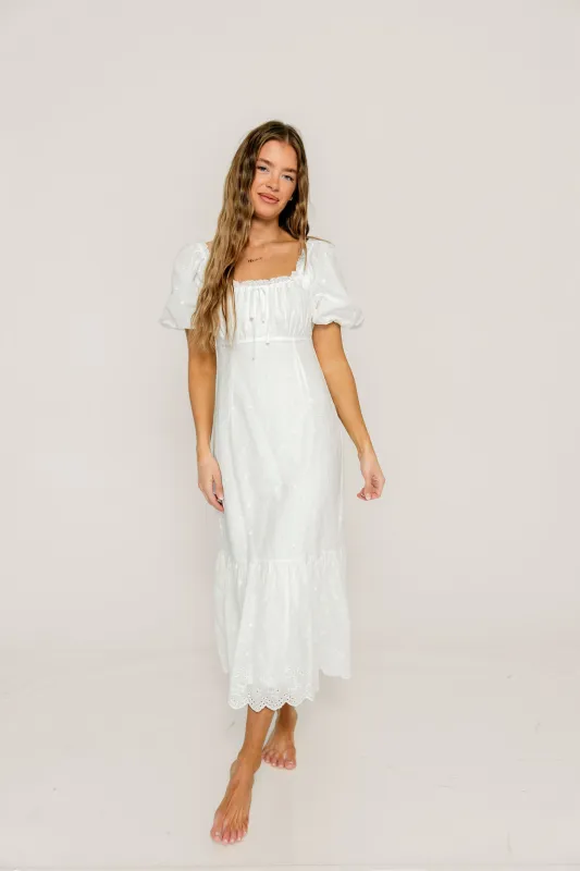 Azaria Eyelet Puff Sleeve Midi Dress in White Floral made by Storia