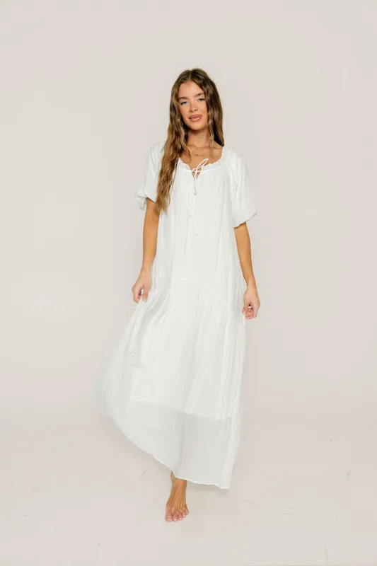Christina Puffed Sleeve Maxi Dress in Off White - Bump Friendly made by Wishlist