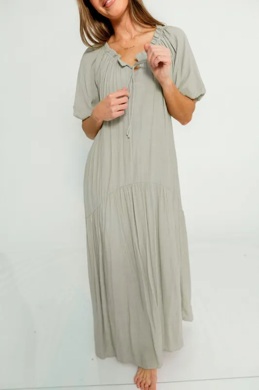 Christina Puffed Sleeve Maxi Dress in Dusty Sage - Bump Friendly made by Wishlist