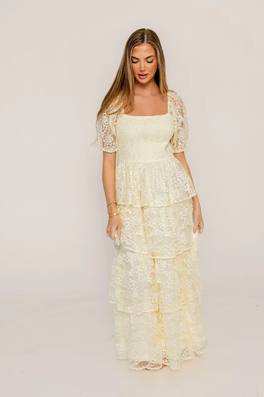 Athena Lace Tiered Smocked Maxi Dress in Butter Cream - Bump Friendly made by In February