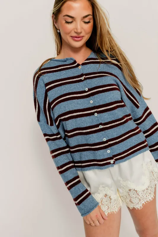 Piper Varsity Striped Cardigan in Dusty Blue made by Things Between