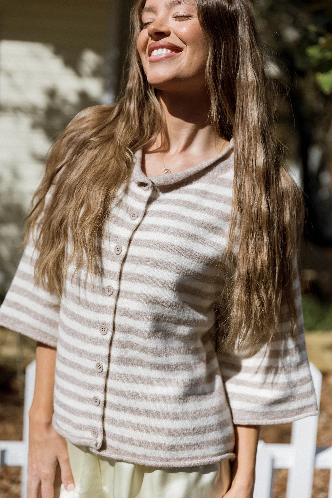 Imogen Striped 3/4 Sleeve Cardigan Top in Taupe Cream sold by Worth Collective product image thumbnail 4