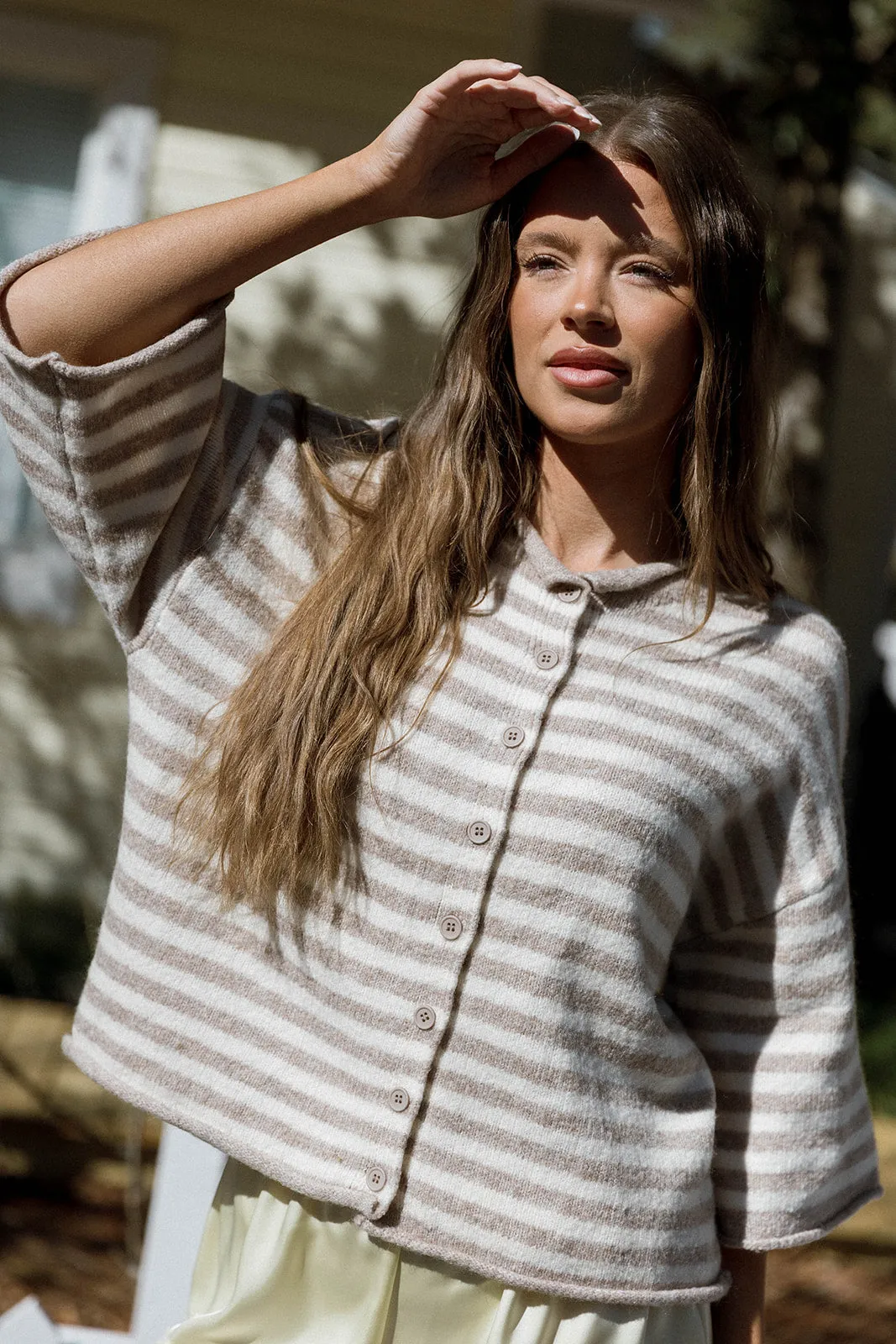 Imogen Striped 3/4 Sleeve Cardigan Top in Taupe Cream sold by Worth Collective