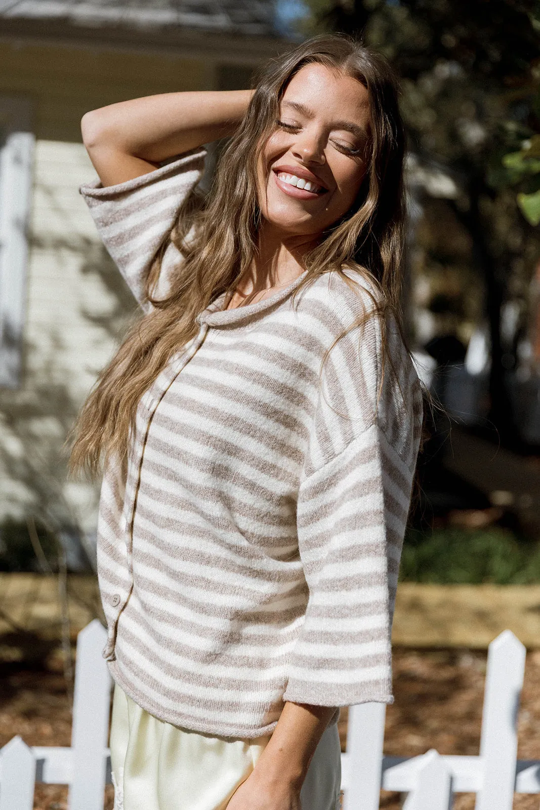 Imogen Striped 3/4 Sleeve Cardigan Top in Taupe Cream sold by Worth Collective product image thumbnail 5