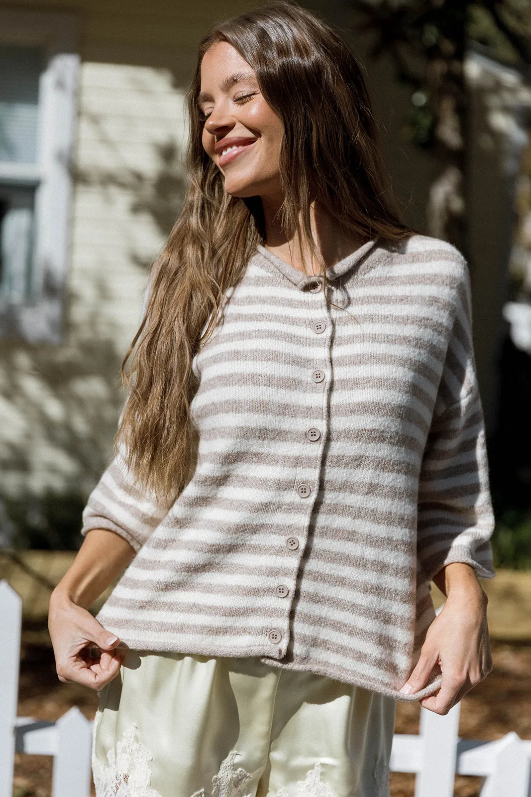 Imogen Striped 3/4 Sleeve Cardigan Top in Taupe Cream sold by Worth Collective product image thumbnail 2
