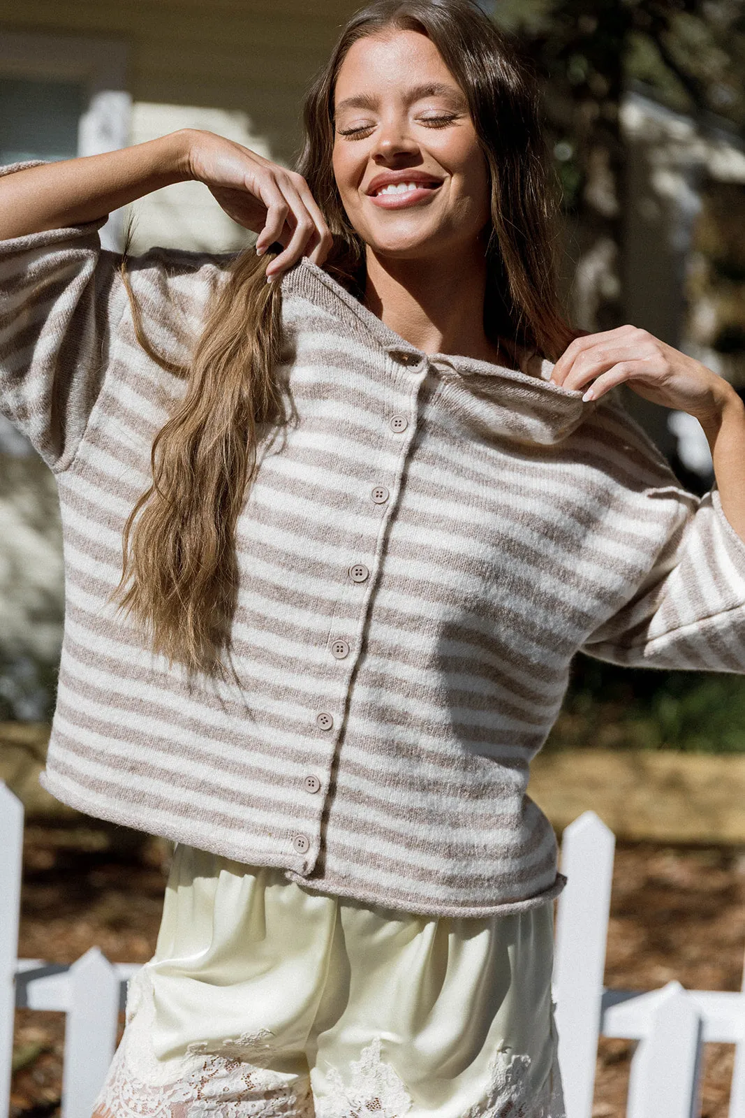 Imogen Striped 3/4 Sleeve Cardigan Top in Taupe Cream sold by Worth Collective product image thumbnail 3