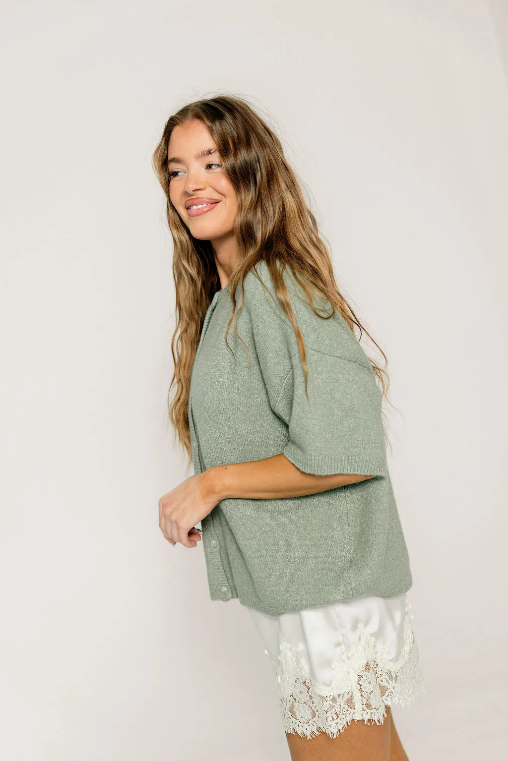 Paula Short Sleeve Cardigan Sweater Top in Light Green sold by Worth Collective product image thumbnail 5