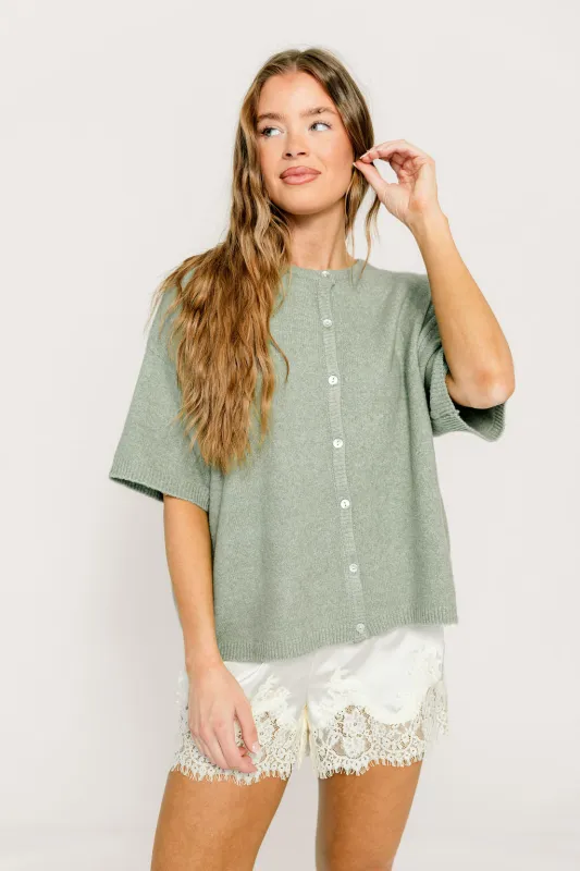 Paula Short Sleeve Cardigan Sweater Top in Light Green sold by Worth Collective