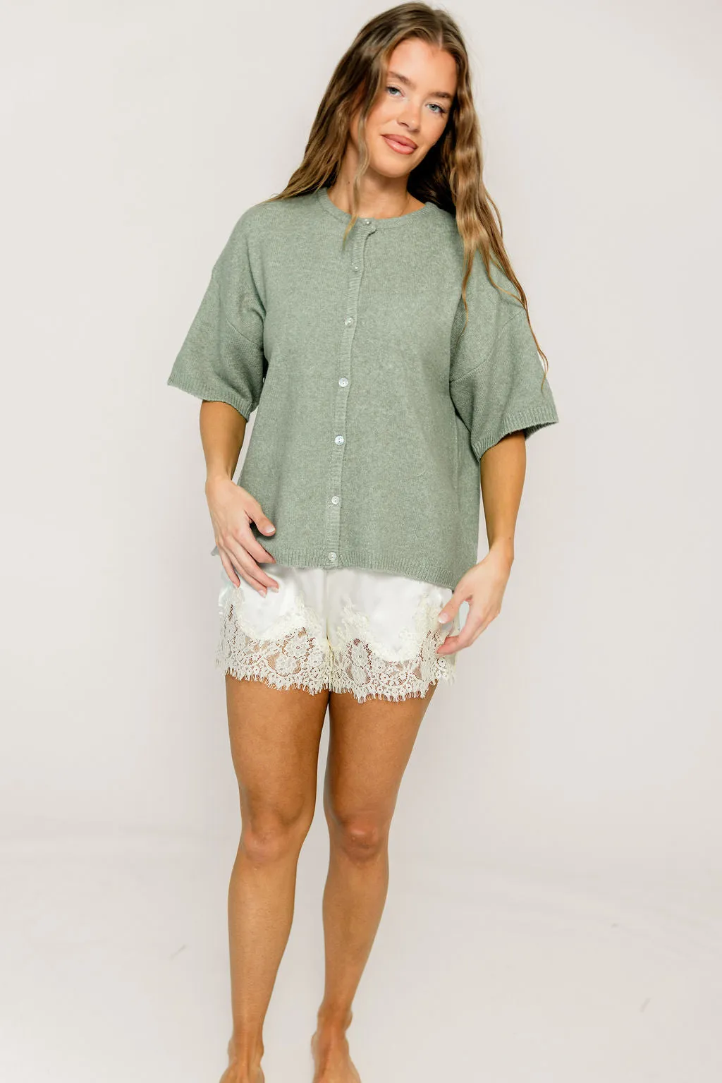 Paula Short Sleeve Cardigan Sweater Top in Light Green sold by Worth Collective product image thumbnail 3