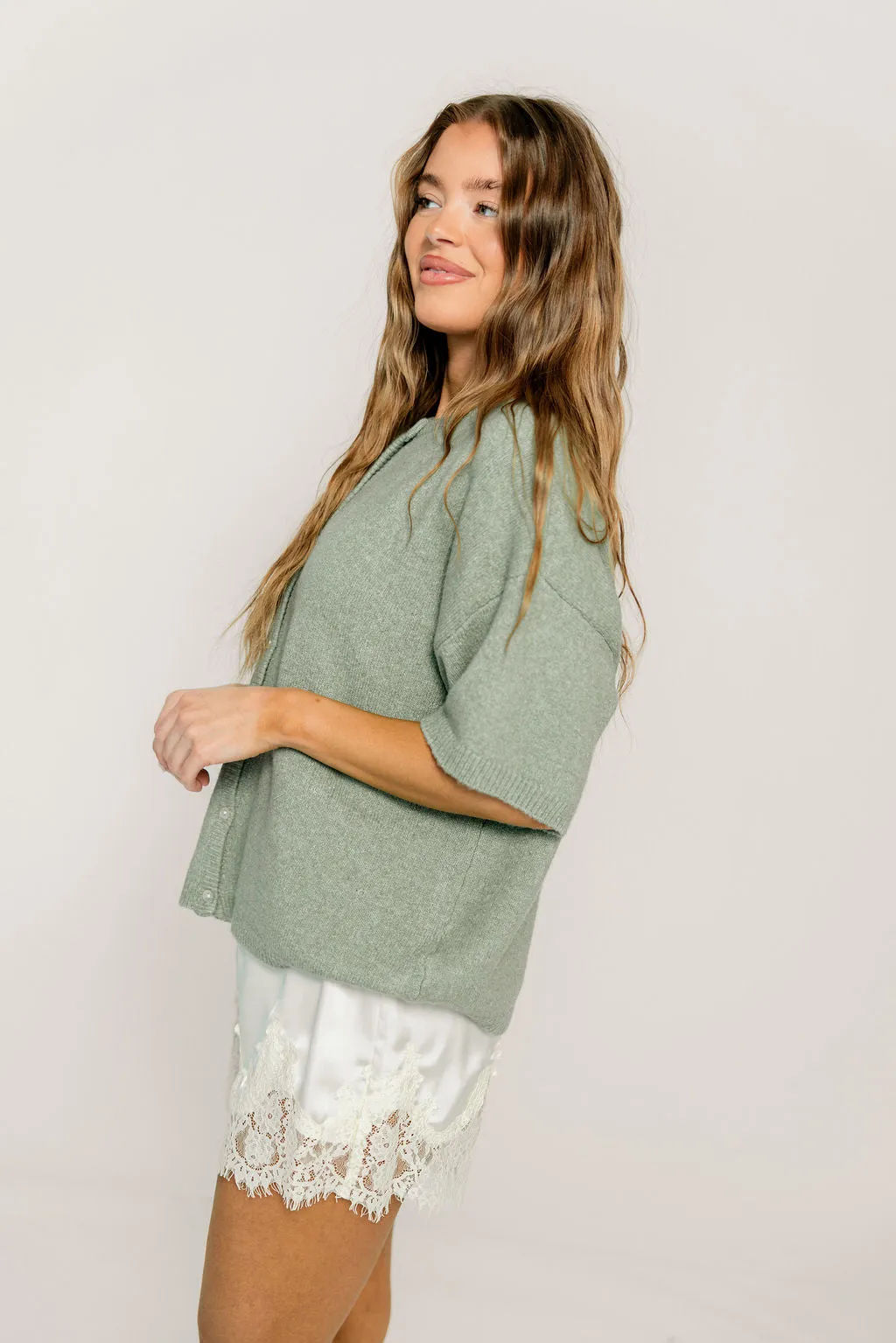 Paula Short Sleeve Cardigan Sweater Top in Light Green sold by Worth Collective product image thumbnail 4