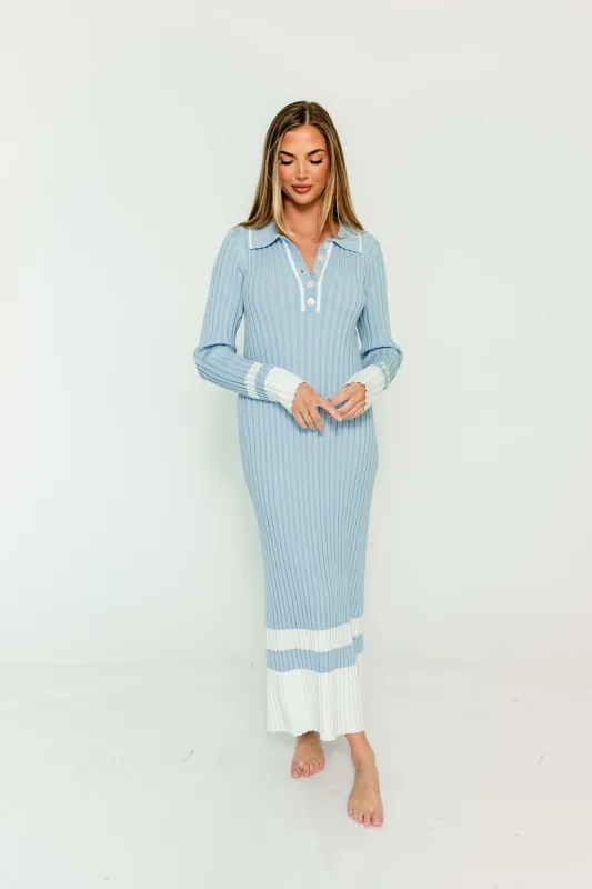 Kris Colorblock Polo Rib-Knit Maxi Dress in Sky sold by Worth Collective