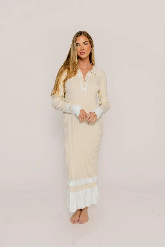 Kris Colorblock Polo Rib-Knit Maxi Dress in Natural sold by Worth Collective