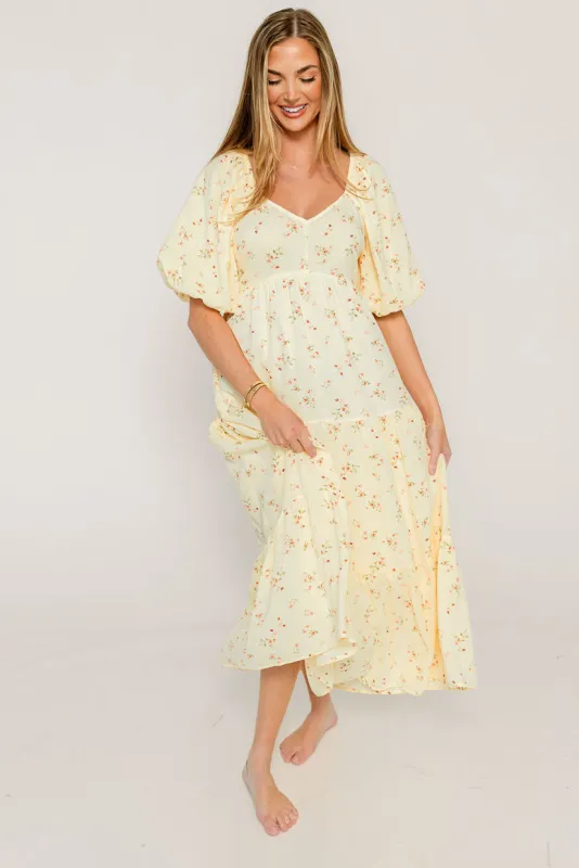 Jules Floral Print Bubble Sleeve Tiered Maxi Dress in Light Yellow sold by Worth Collective
