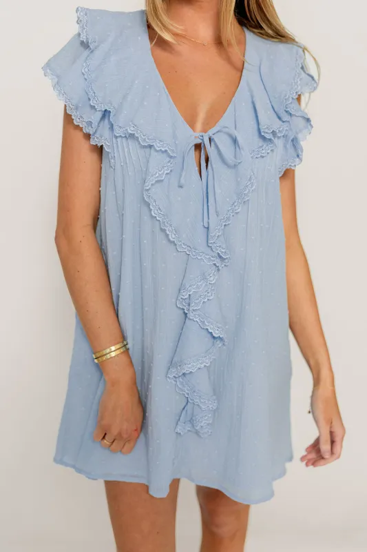 Sana 100% Cotton Textured Ruffled V-neck Mini Dress in Sky Blue made by Storia