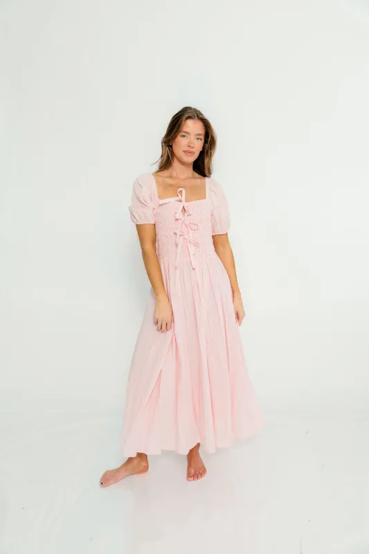 Arabelle 100% Cotton Smocked Bow Detail Maxi Dress in Pink Peony made by Inloom