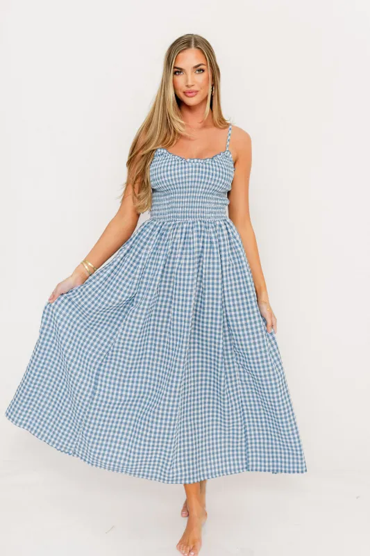 Elsie 100% Cotton Gingham Maxi Dress in Blue made by mioumuse